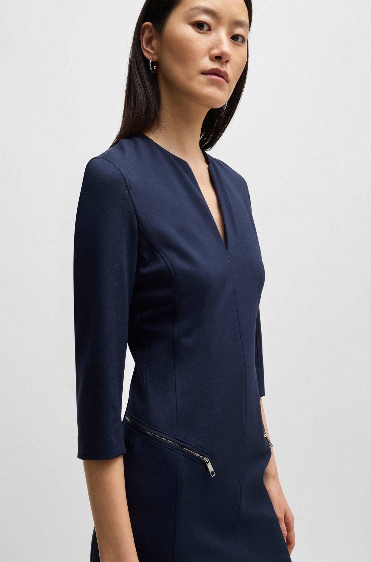 BOSS - V-neck dress with zipped pockets and cropped sleeves - Dark Blue Product Image