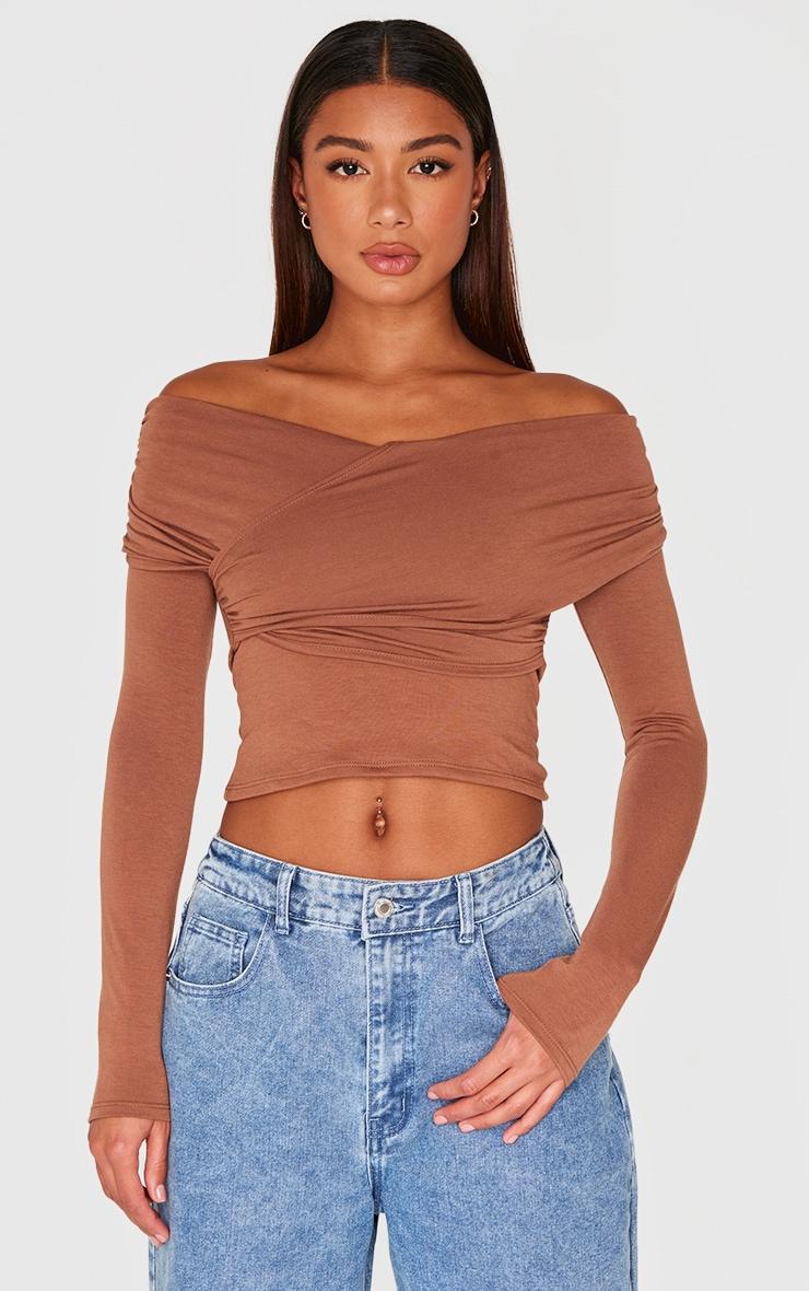 Brown Contour Jersey Bardot Foldover Long Sleeve Top Product Image
