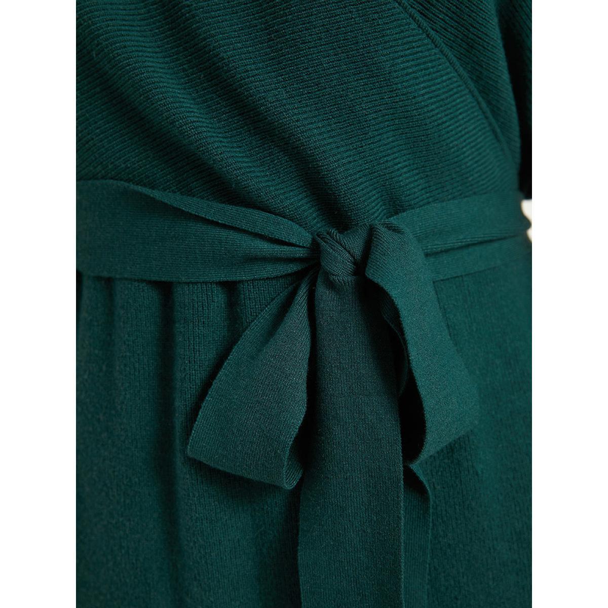 Plus Size Supersoft Essentials Solid Belted Split Batwing Sleeve Sweater Dress DarkGreen Women Casual Loose Long Sleeve Dailywear Sweater Dresses BloomChic 22-24/3X Product Image