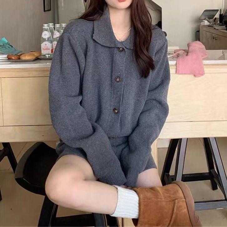 Set: Collar Plain Cardigan + High Waist Knit Shorts Product Image