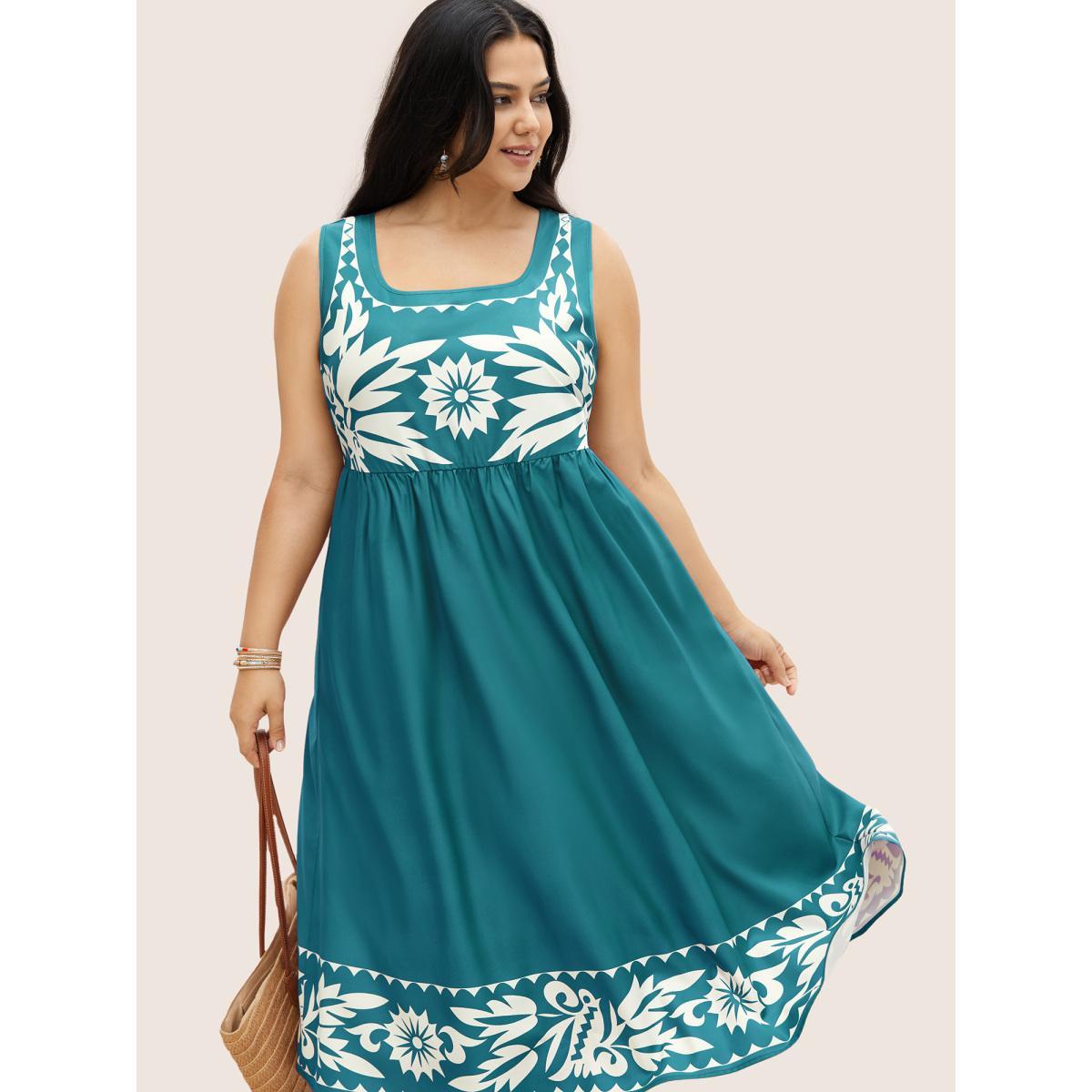 Plus Size Boho Print Square Neck Elastic Waist Tank Dress Emerald Women Resort Gathered Round Neck Sleeveless Curvy Midi Dress BloomChic 26/4X Product Image