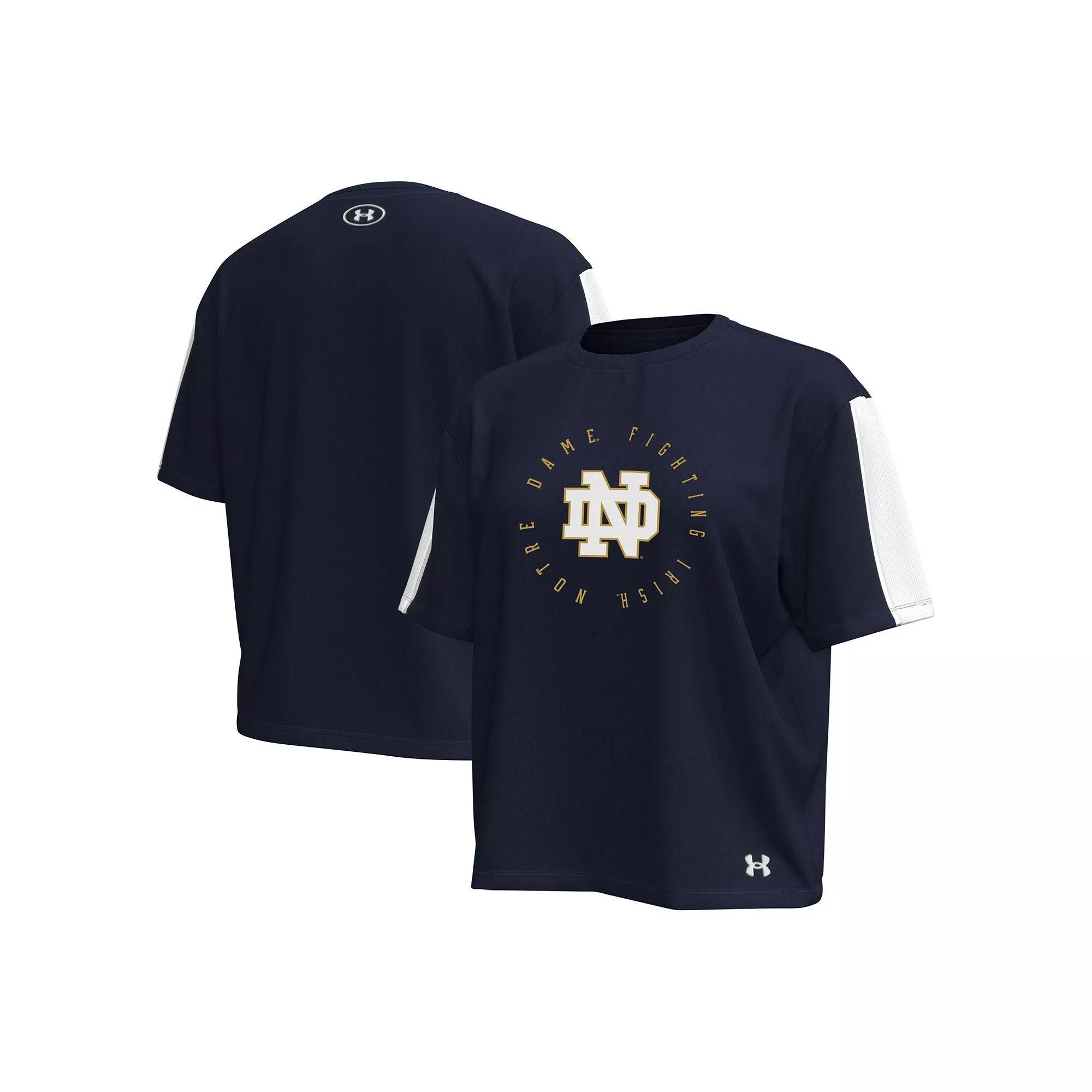 Women's Under Armour Navy Notre Dame Fighting Irish Challenger Waist Length Boxy Oversized T-Shirt, Size: Large, Blue Product Image