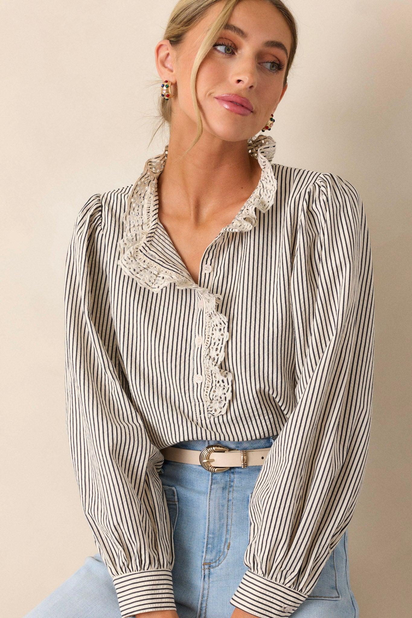 Not Over Yet Navy Stripe Long Sleeve Top Product Image