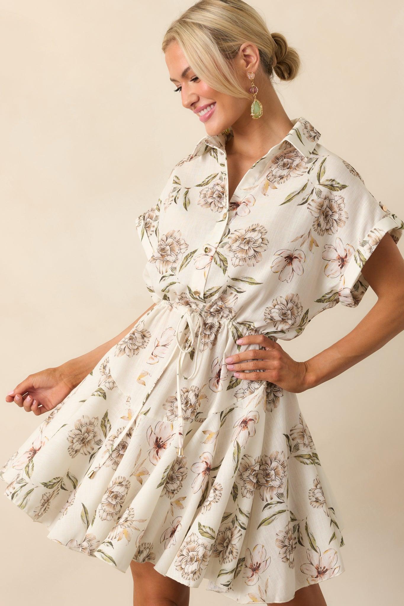 Always In High Spirits Ivory Multi Floral Print Mini Shirt Dress Product Image