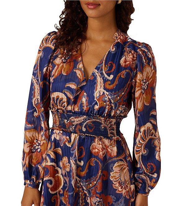 Adrianna Papell Long Sleeve V-Neck Large Paisley Pattern Mini Dress Product Image