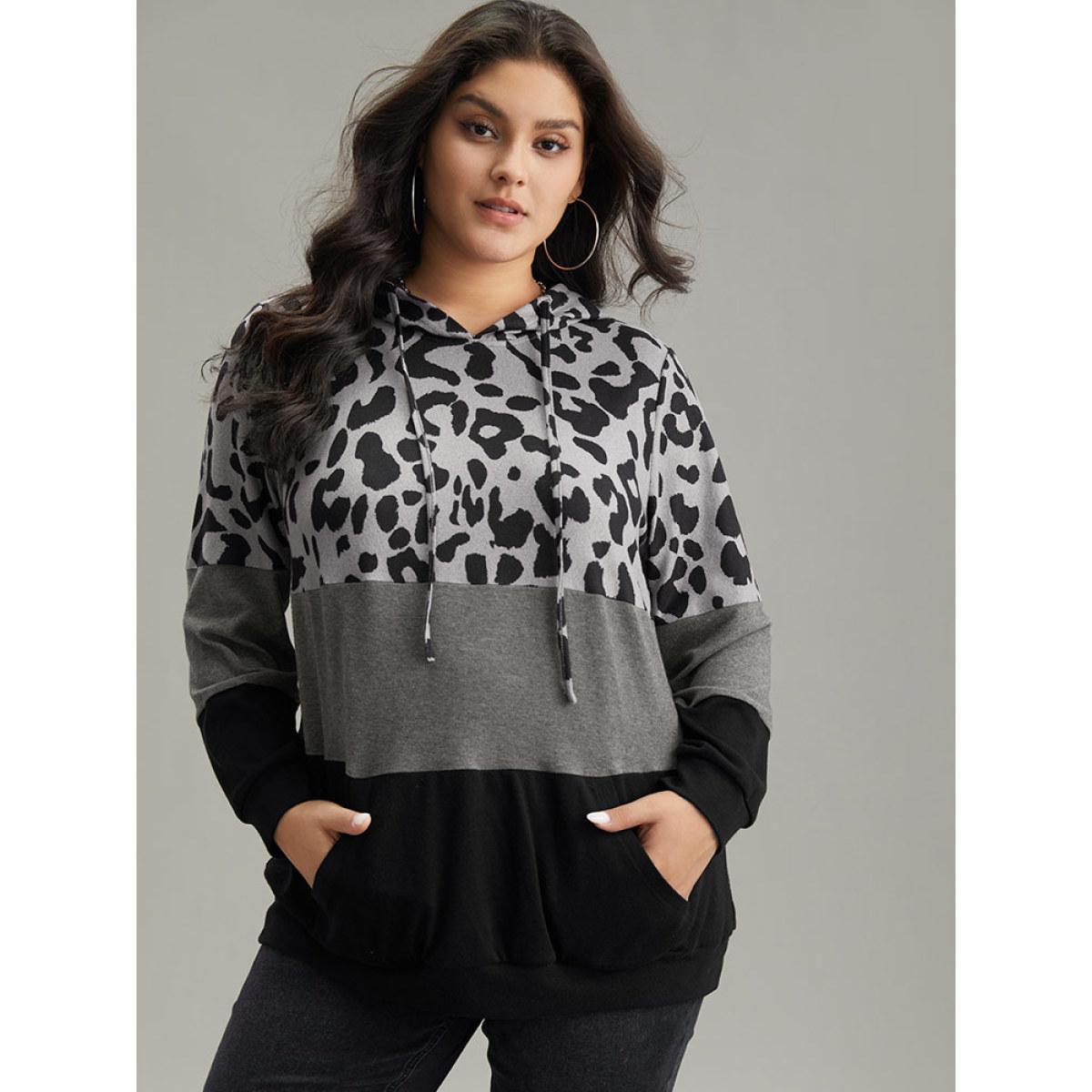 Plus Size Leopard Colorblock Contrast Hooded Drawstring Sweatshirt Women Black Casual Contrast Hooded Dailywear Sweatshirts BloomChic 30/6X Product Image