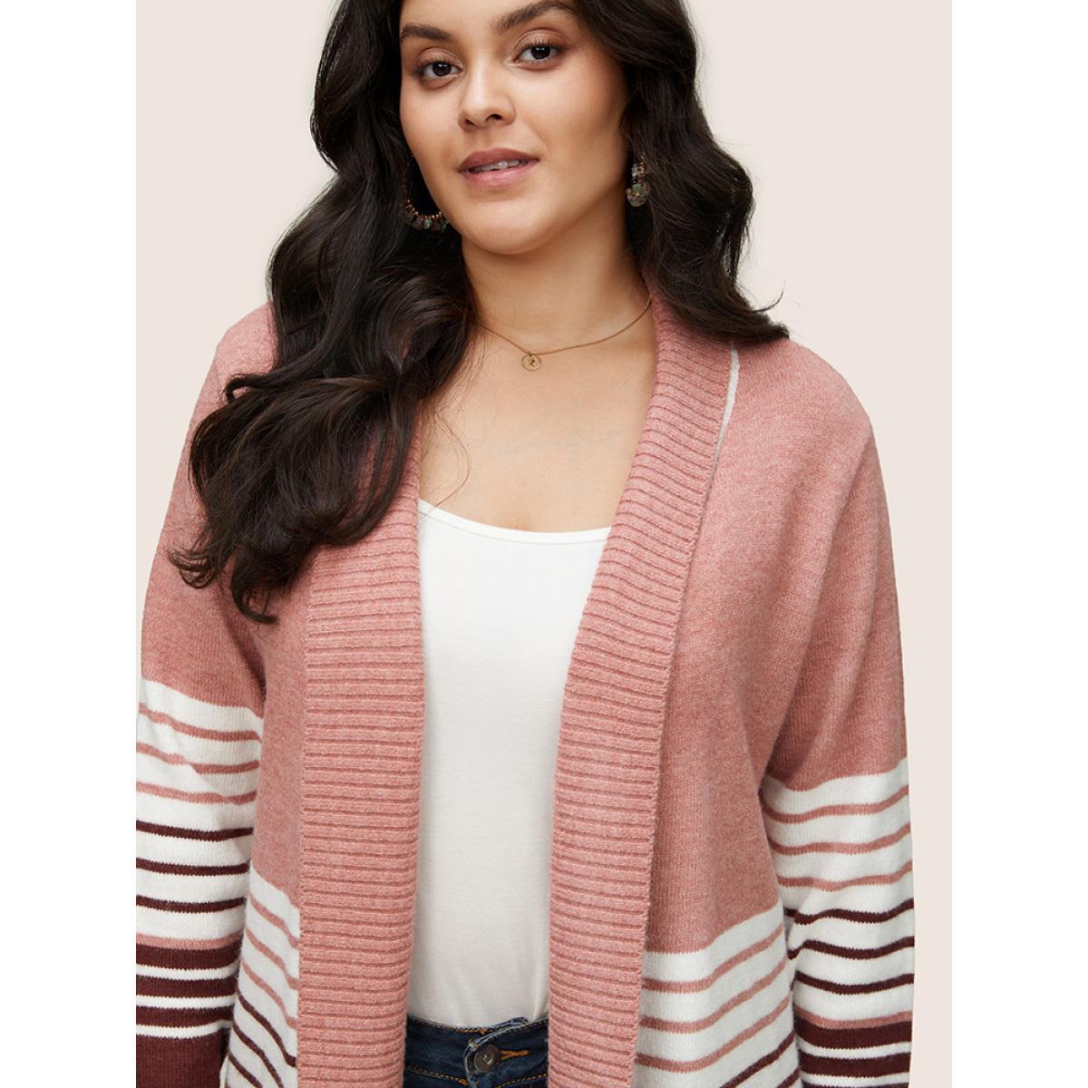 Plus Size Striped Colorblock Contrast Lapel Collar Cardigan Watermelon Women Casual Loose Long Sleeve Dailywear Cardigans BloomChic 26/4X Product Image
