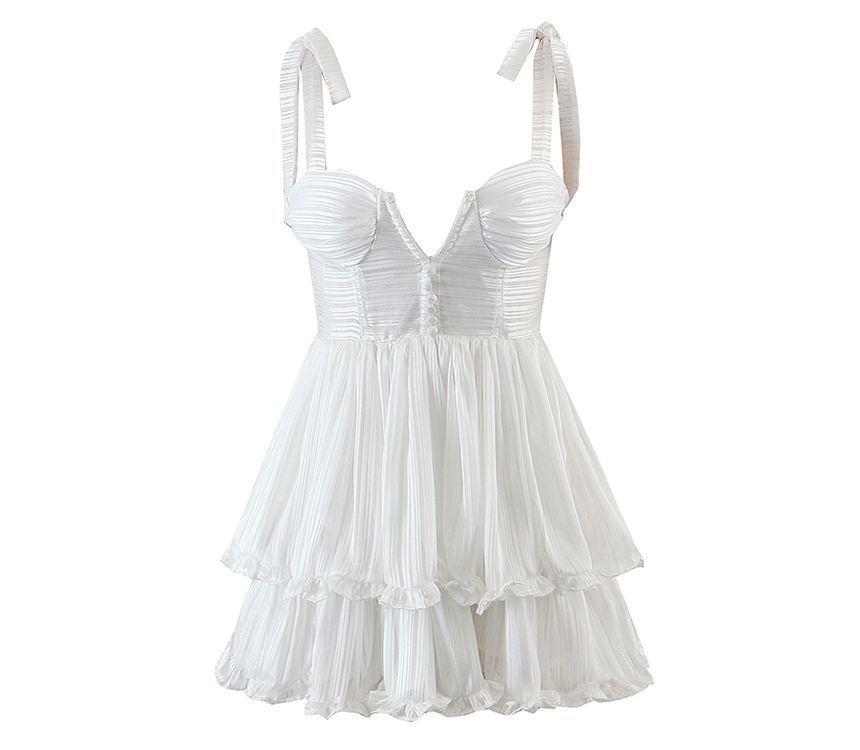 Tie-Shoulder Plain Shirred Mini A-Line Layered Dress Product Image