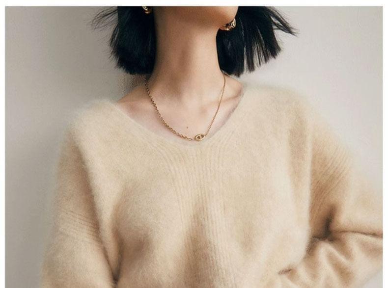 Long-Sleeve V-Neck Plain Sweater Product Image