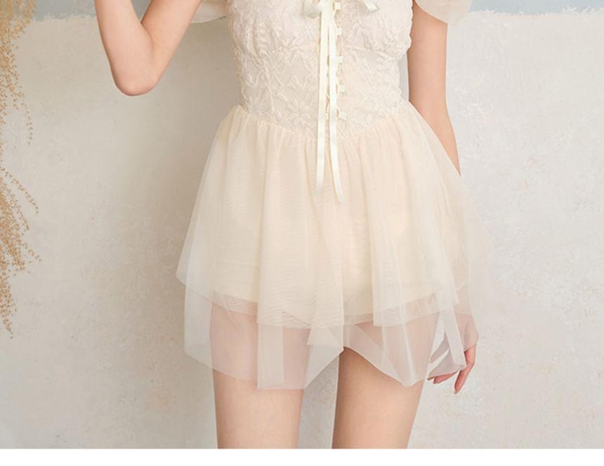 Cap Sleeve V-Neck Plain Lace Up Panel Mesh Swimdress Product Image