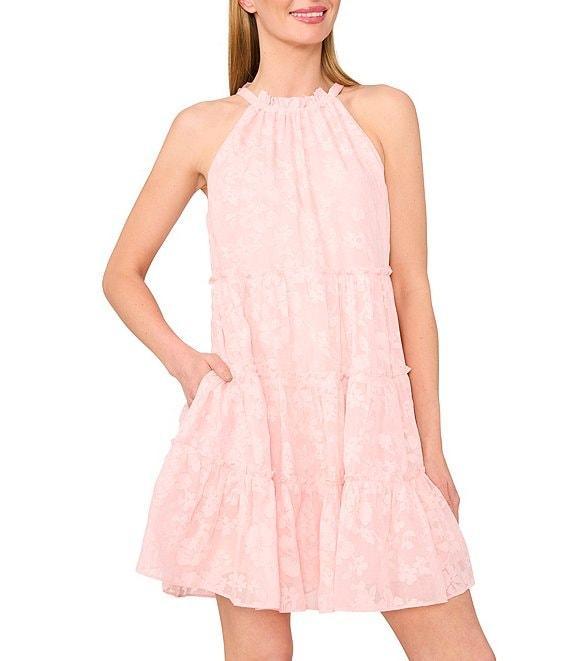 CeCe Woven Floral Print Halter Neck Sleeveless Tie Neck Mini Tiered Dress Product Image