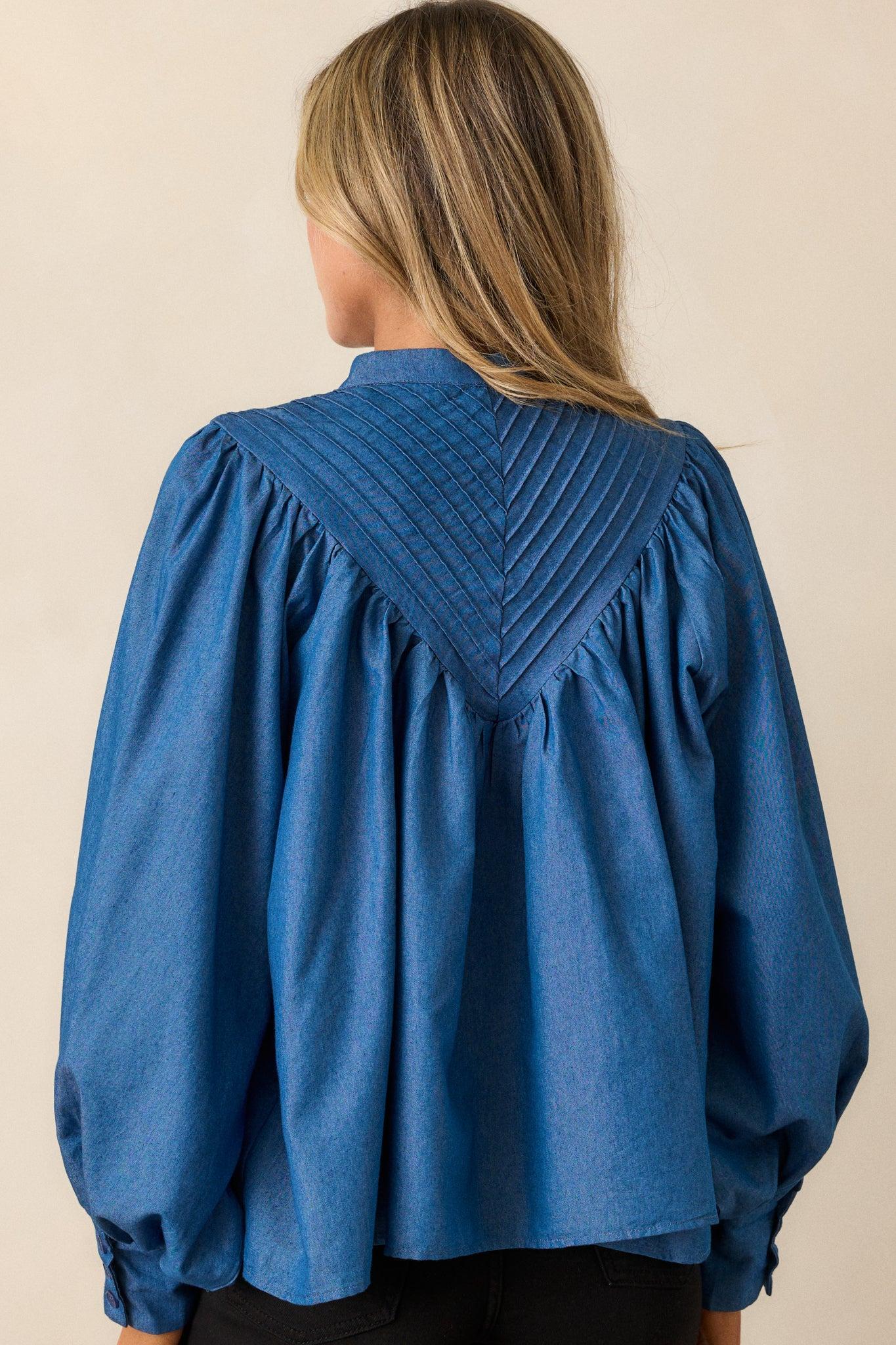 See What Happens Medium Wash Chambray Blouse Product Image