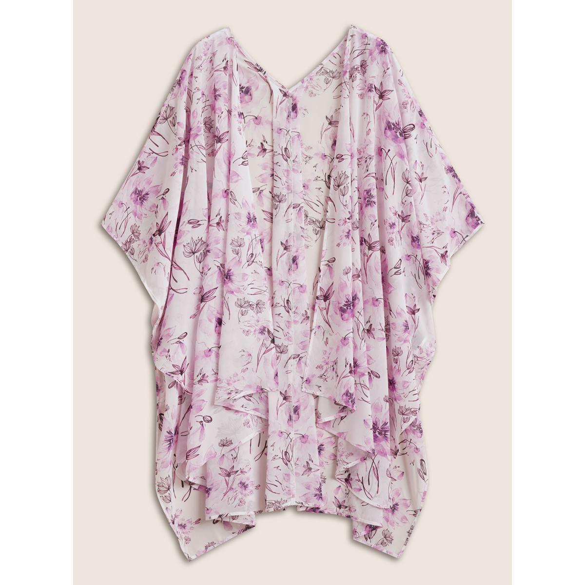 Plus Size Floral Mesh Split Side Asymmetrical Hem Kimono Women Lavender Elegant See through Everyday Kimonos BloomChic 26/4X Product Image
