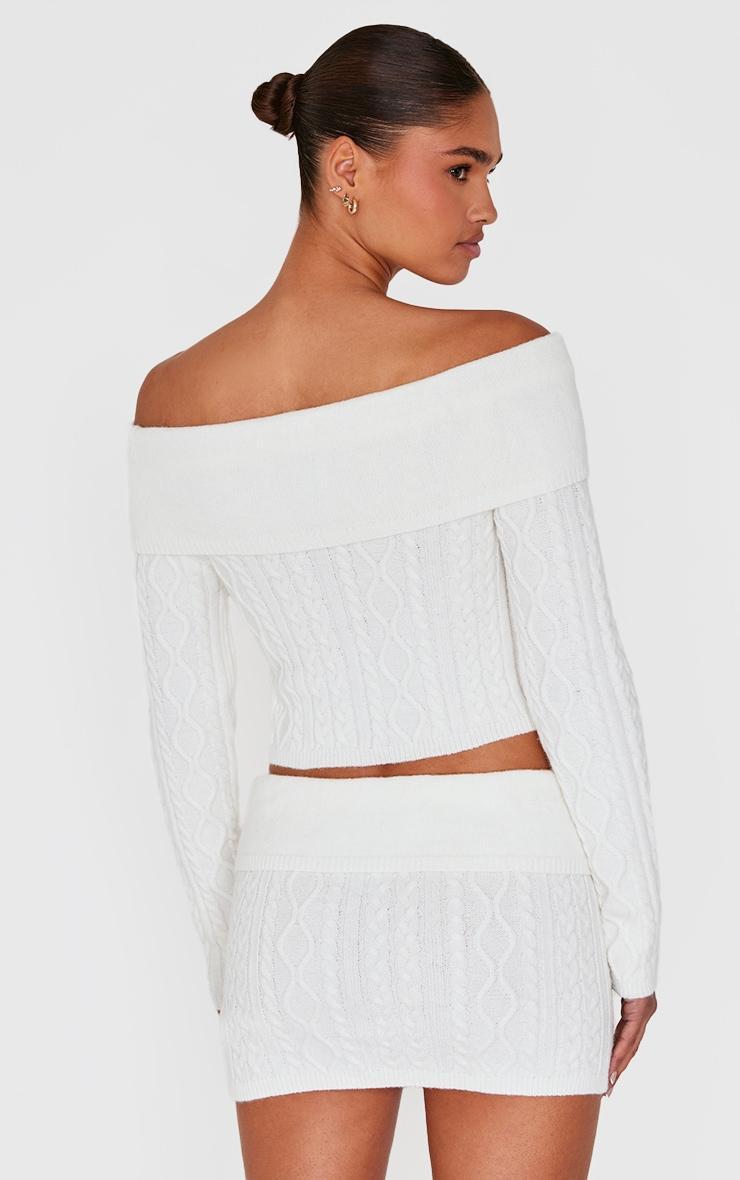 Cream Foldover Cable Knit Bardot Cropped Sweater Product Image