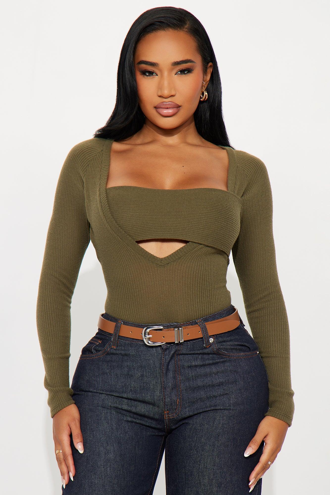 Jean Long Sleeve Ribbed Bodysuit - Olive Product Image