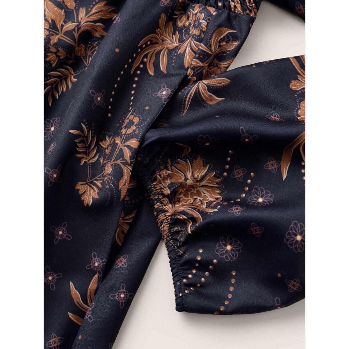 Plus Size Floral Print Gathered Ruffle Hem Shirred Dress DarkBlue Women Elegant Non V-neck Elbow-length sleeve Curvy Midi Dress BloomChic 14-16/1X Product Image