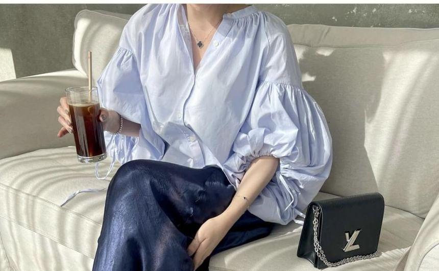 Puff-Sleeve Plain Shirt Product Image