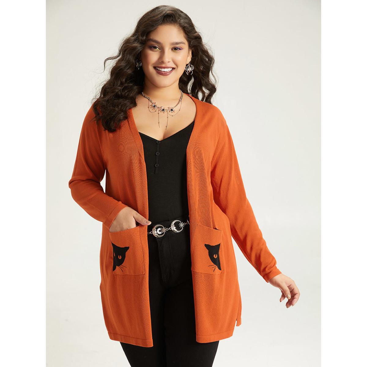 Plus Size Halloween Cat Print Split Side Patched Pocket Cardigan Coral Women Casual Loose Long Sleeve Festival-Halloween Cardigans BloomChic 10/M Product Image