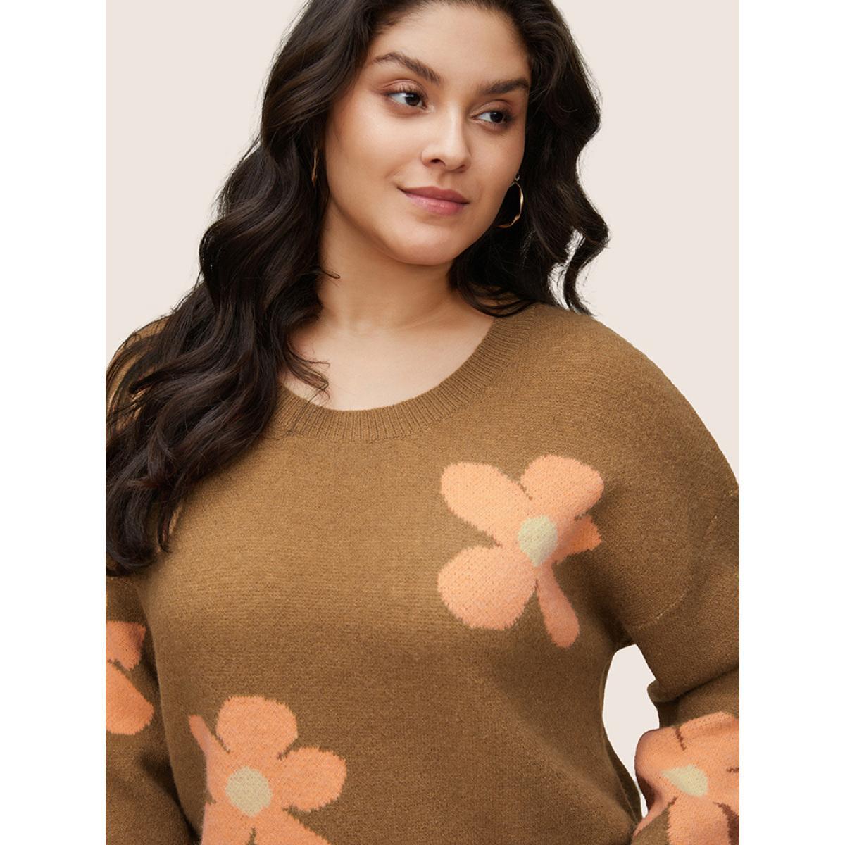 Plus Size Supersoft Essentials Drop Shoulder Floral Jacquard Pullover Chocolate Women Casual Loose Long Sleeve Round Neck Dailywear Pullovers BloomChic 26/4X Product Image