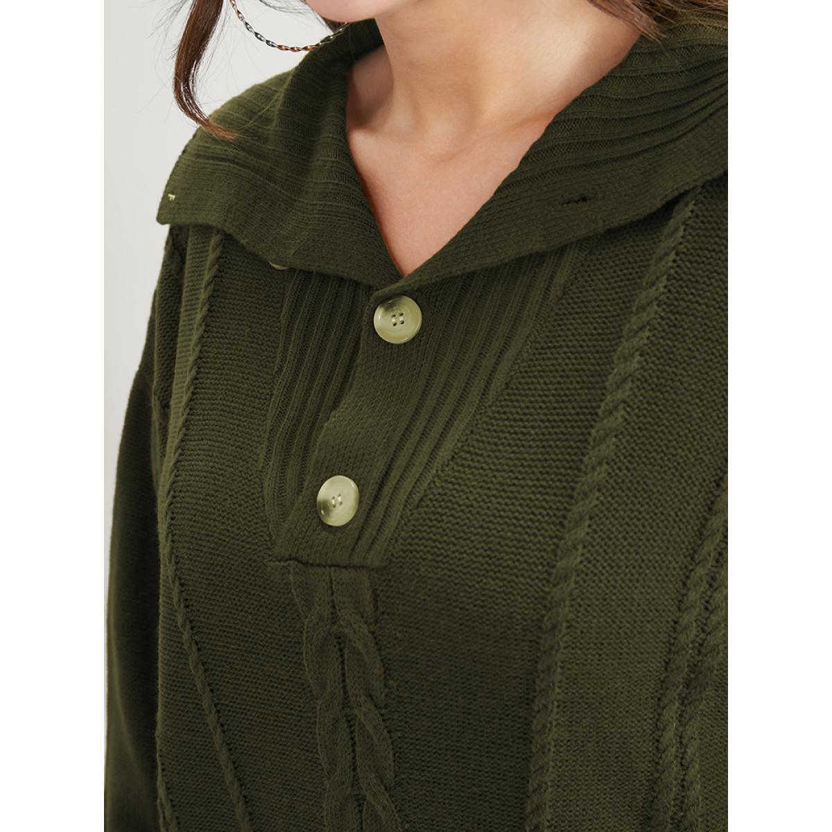 Plus Size Solid Pointelle Knit Button Lapel Collar Cable Knit Top DarkGreen Women Elegant Long Sleeve Lapel Collar Dailywear Pullovers BloomChic 22-24/3X Product Image