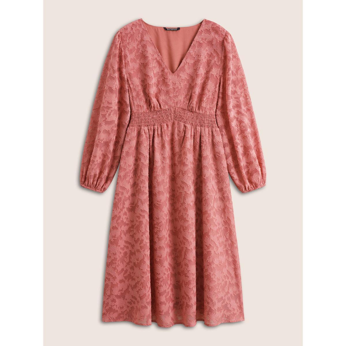 Plus Size Jacquard Texture Shirred Elastic Waist Dress Watermelon Women Elegant Elastic cuffs V-neck Long Sleeve Curvy Midi Dress BloomChic 22-24/3X Product Image