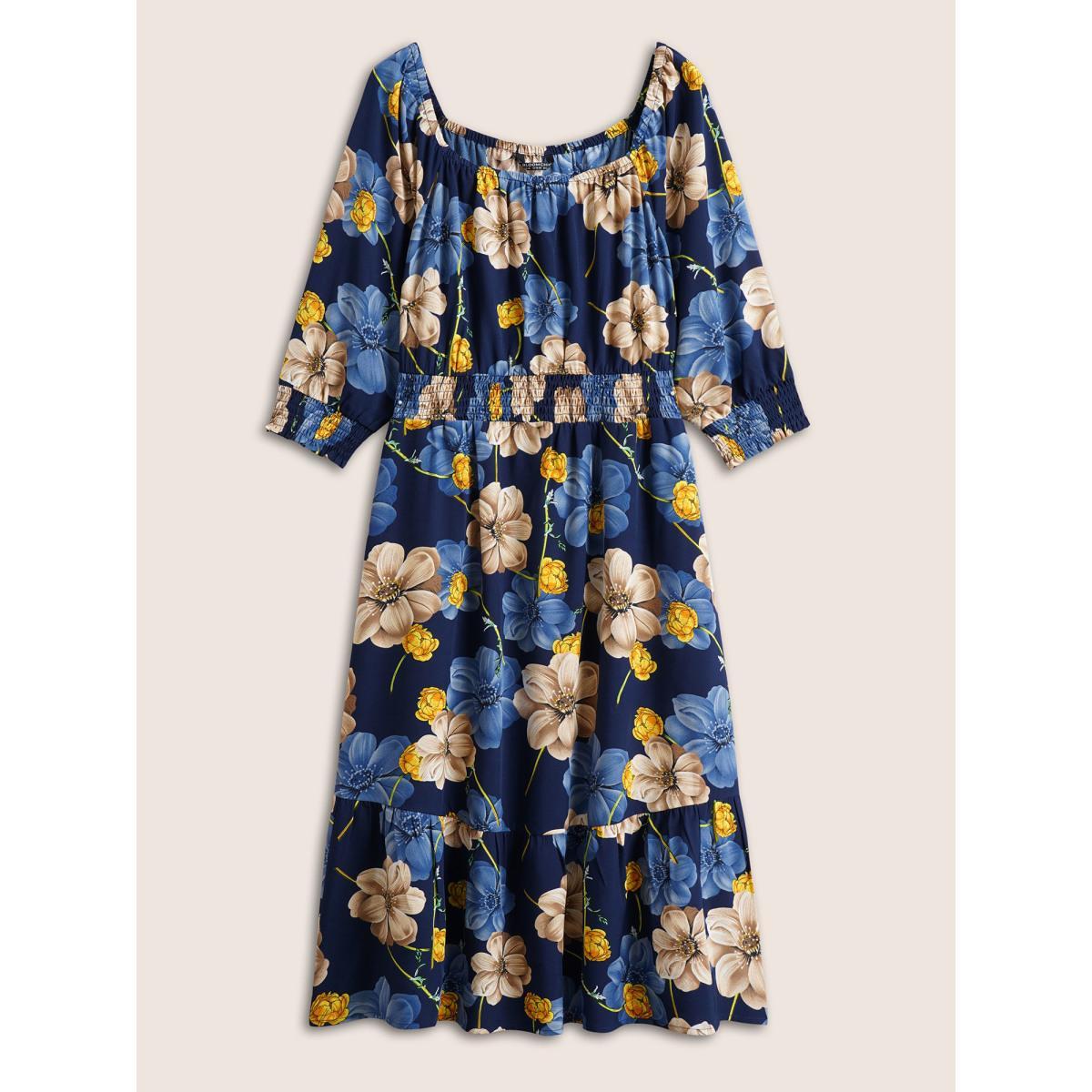 Plus Size Floral Print Square Neck Shirred Cuffs Dress DarkBlue Women Elegant Non Square Neck Elbow-length sleeve Curvy Midi Dress BloomChic 30/6X Product Image