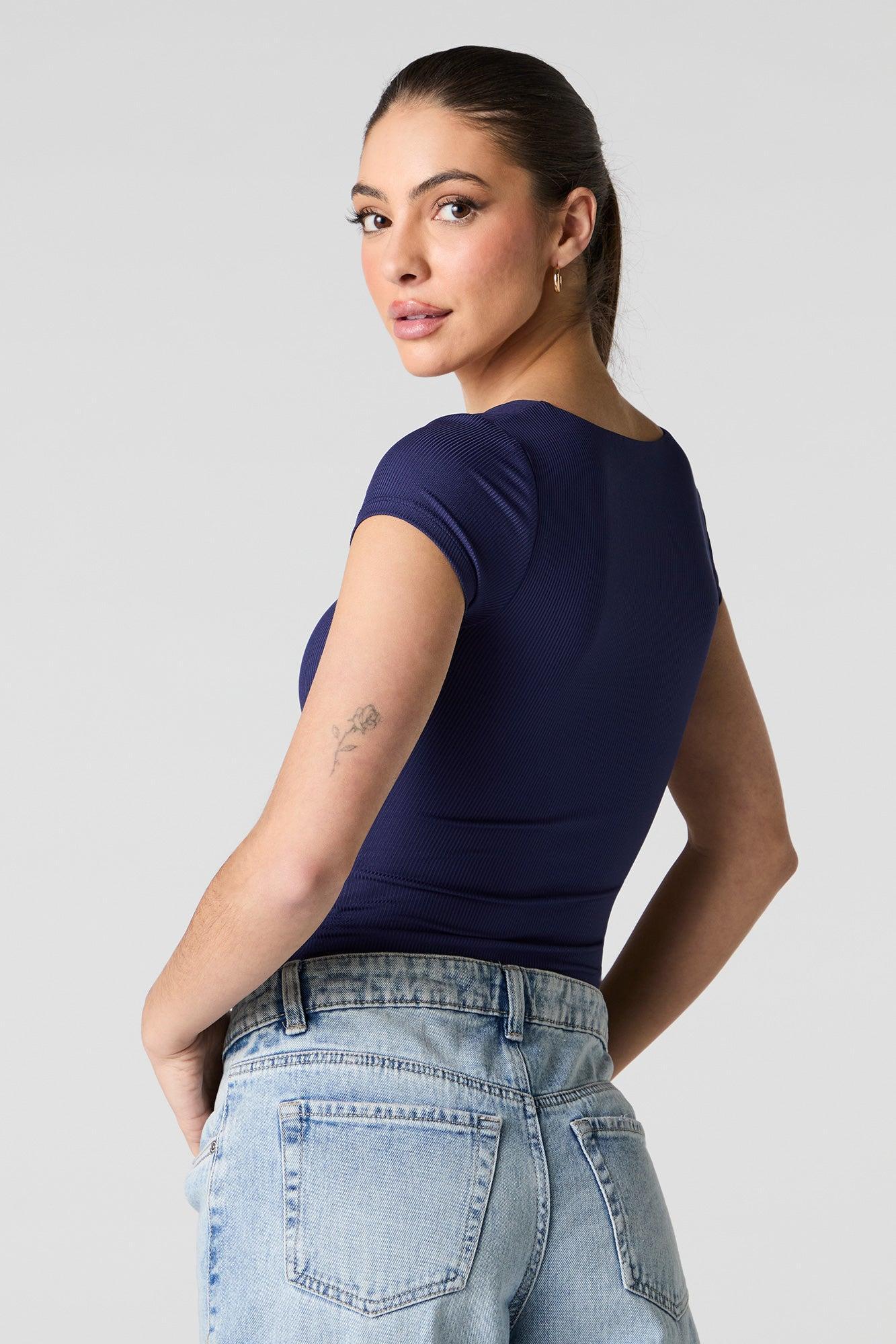 Ribbed Square Neck Short Sleeve Bodysuit Female Product Image