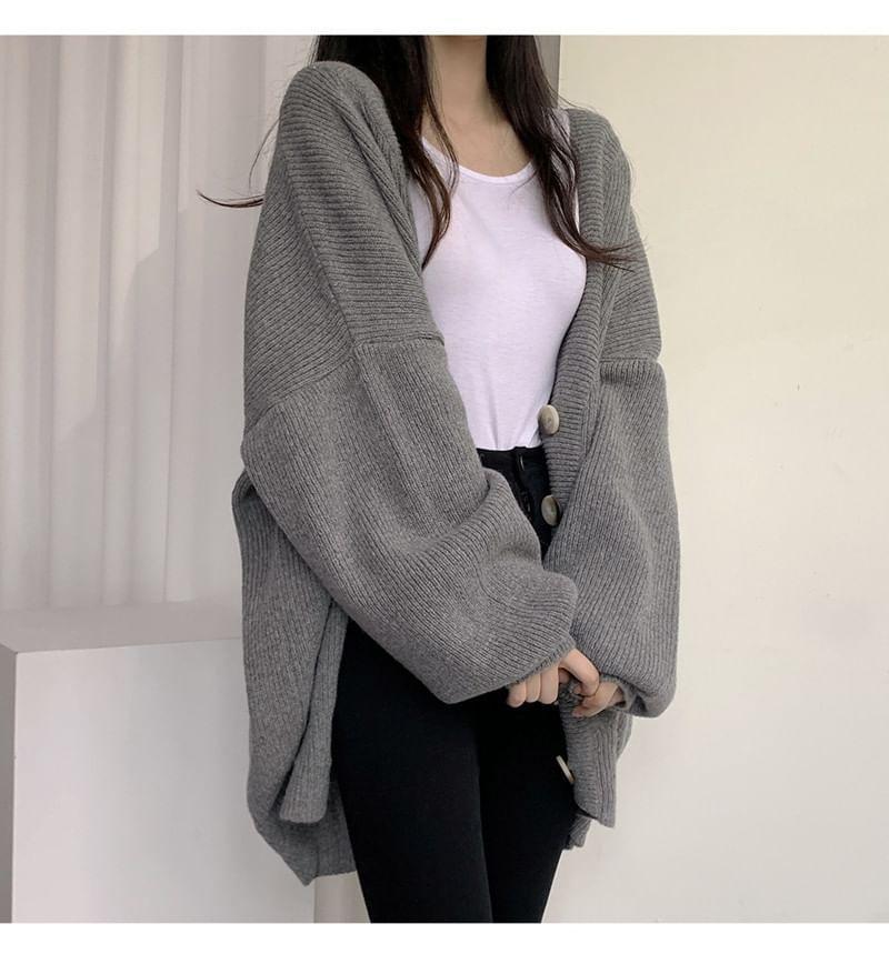 Balloon Sleeve V-Neck Plain Cardigan Product Image