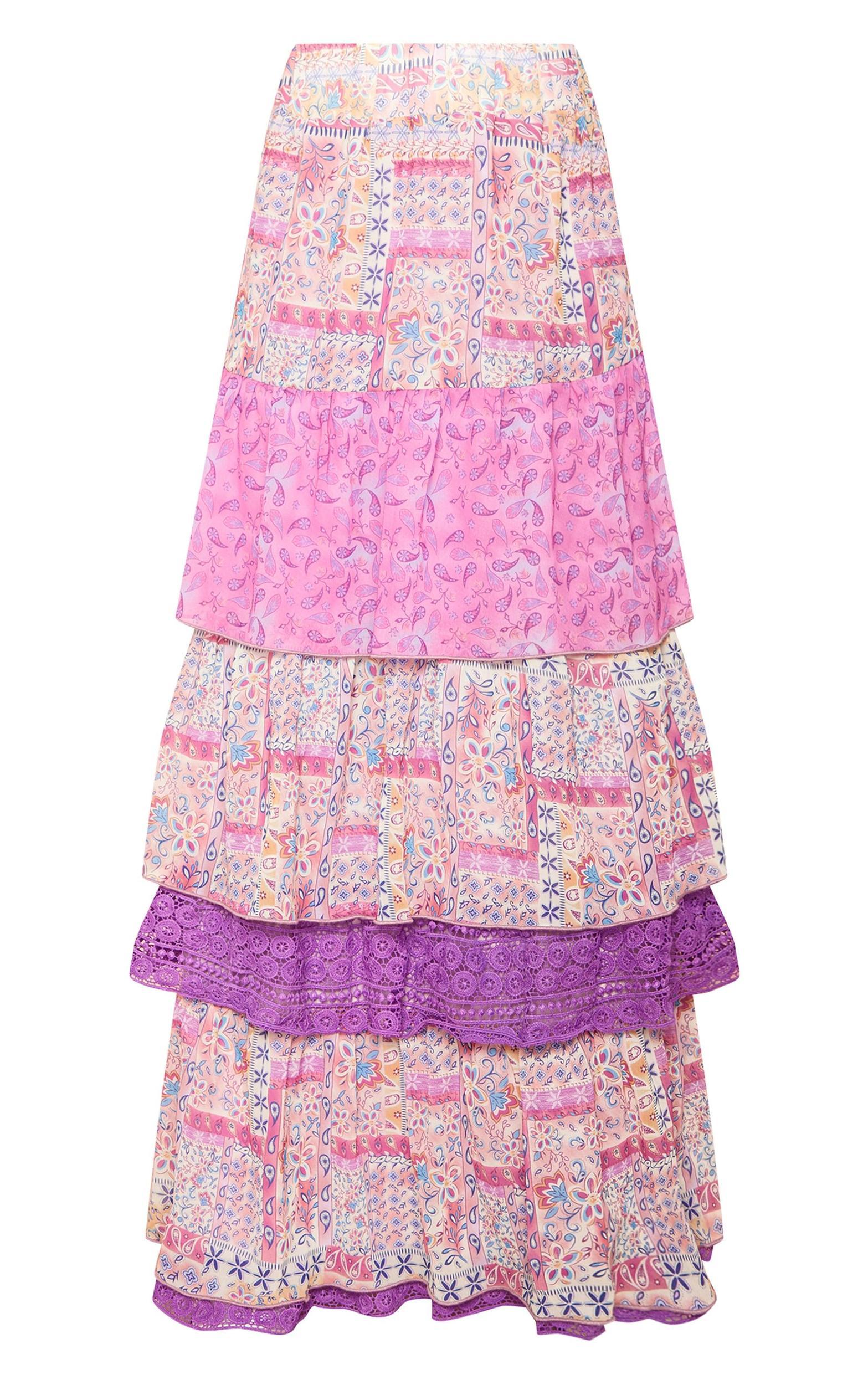 Purple Paisley Print Chiffon Tiered Maxi Skirt Product Image