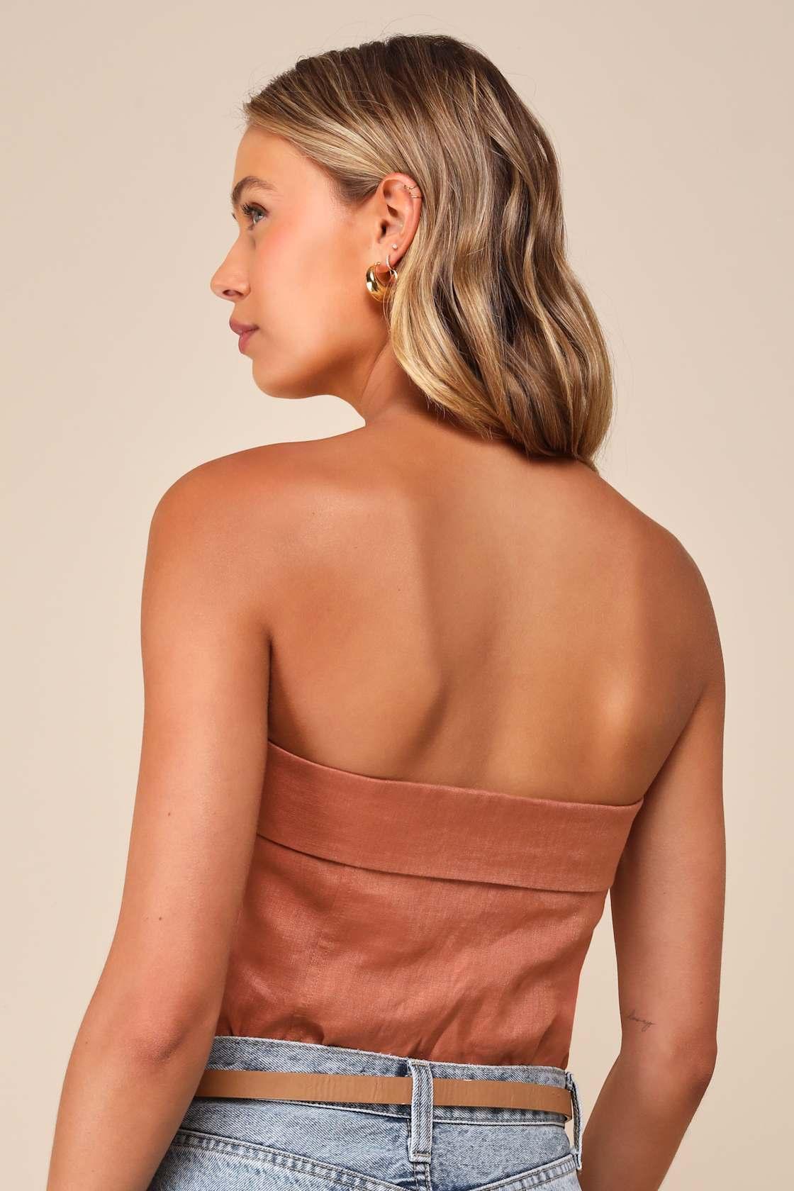 Breezy Presence Terracotta Linen Strapless Bustier Bodysuit Product Image