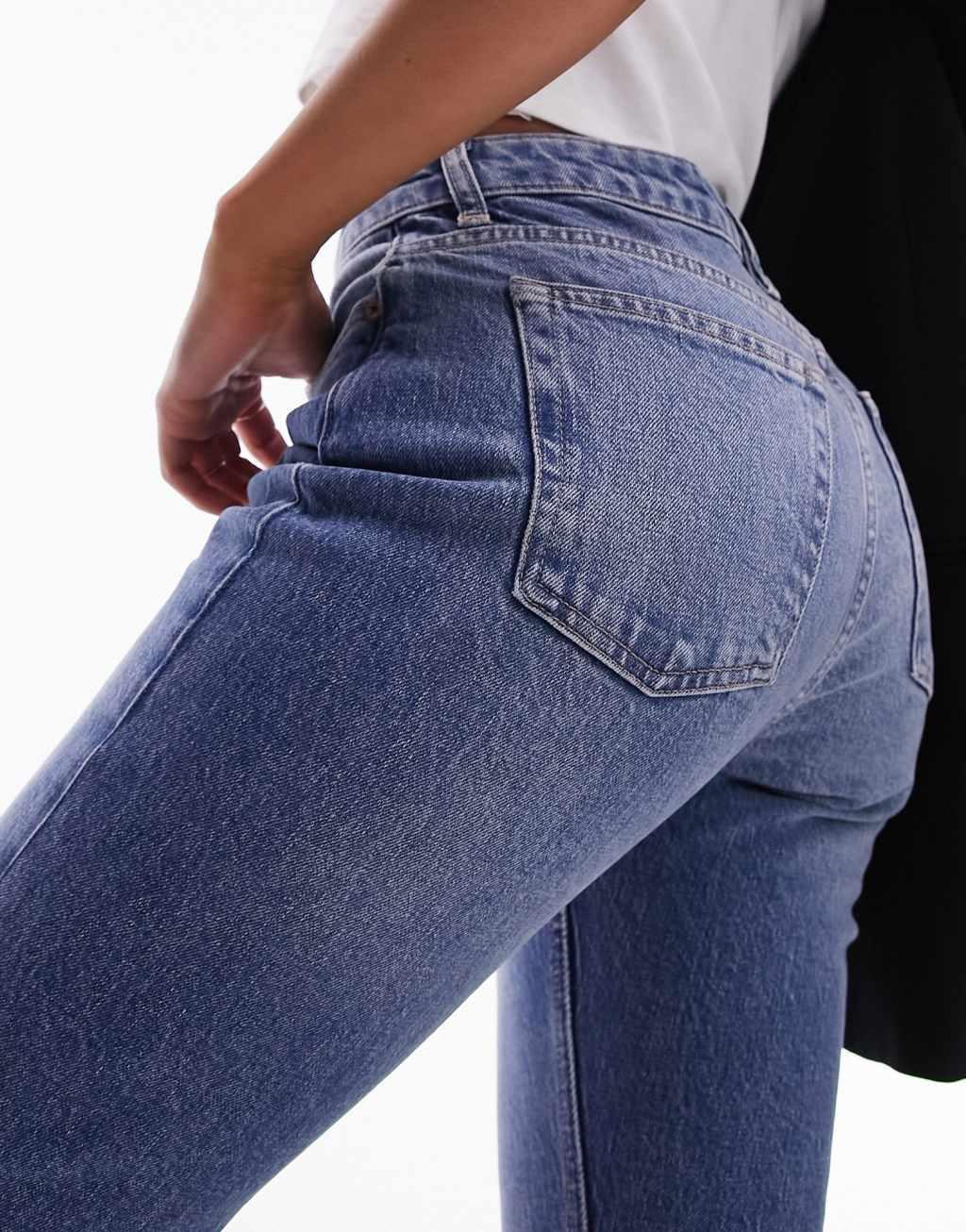 Topshop Hourglass cropped mid rise straight jeans with raw hems in mid blue  Product Image