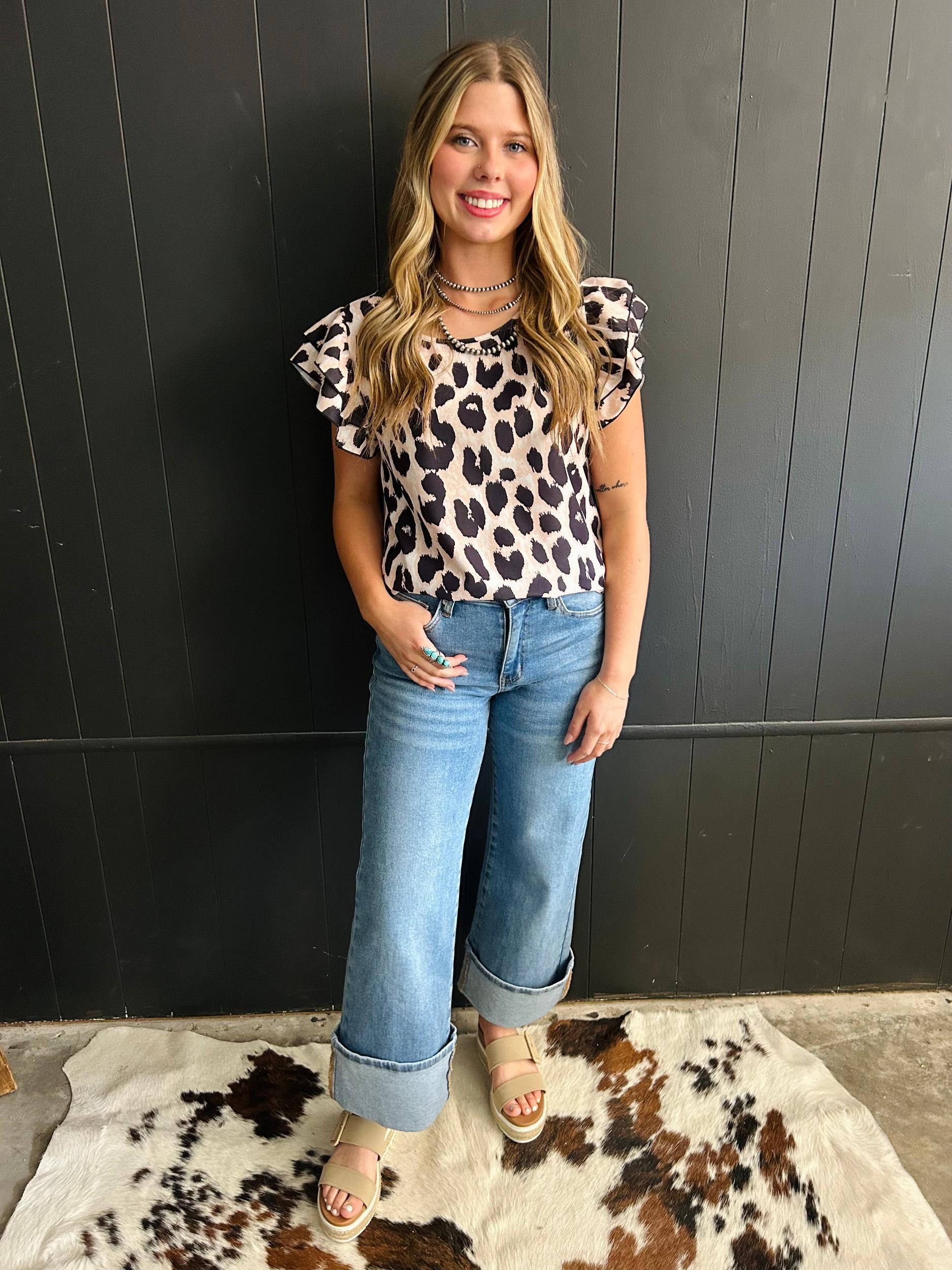 Khaki Leopard Ruffle Sleeve Top Product Image