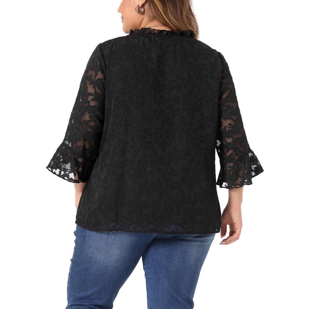 Agnes Orinda Women's Plus Size 3/4 Flare Sleeve V Neck Ruffle Lace Semi Sheer Button Down Shirts Black 4X Product Image