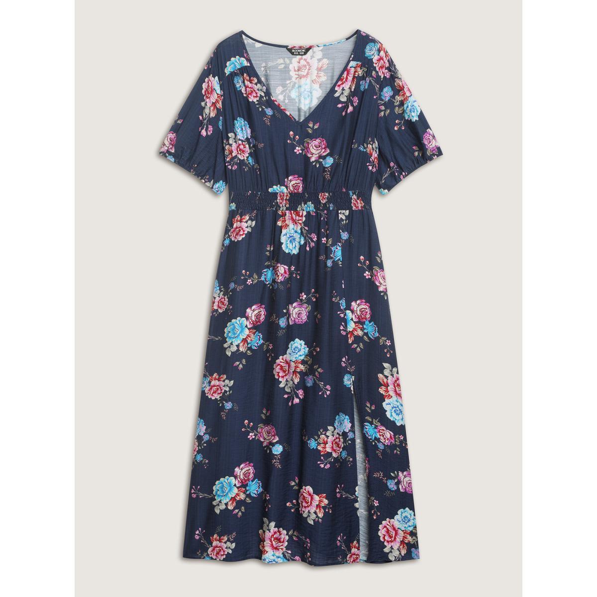 Plus Size Floral Print Shirred Waist Slit Midi Dress DarkBlue Women Slit V-neck Short sleeve Curvy BloomChic 14-16/1X Product Image