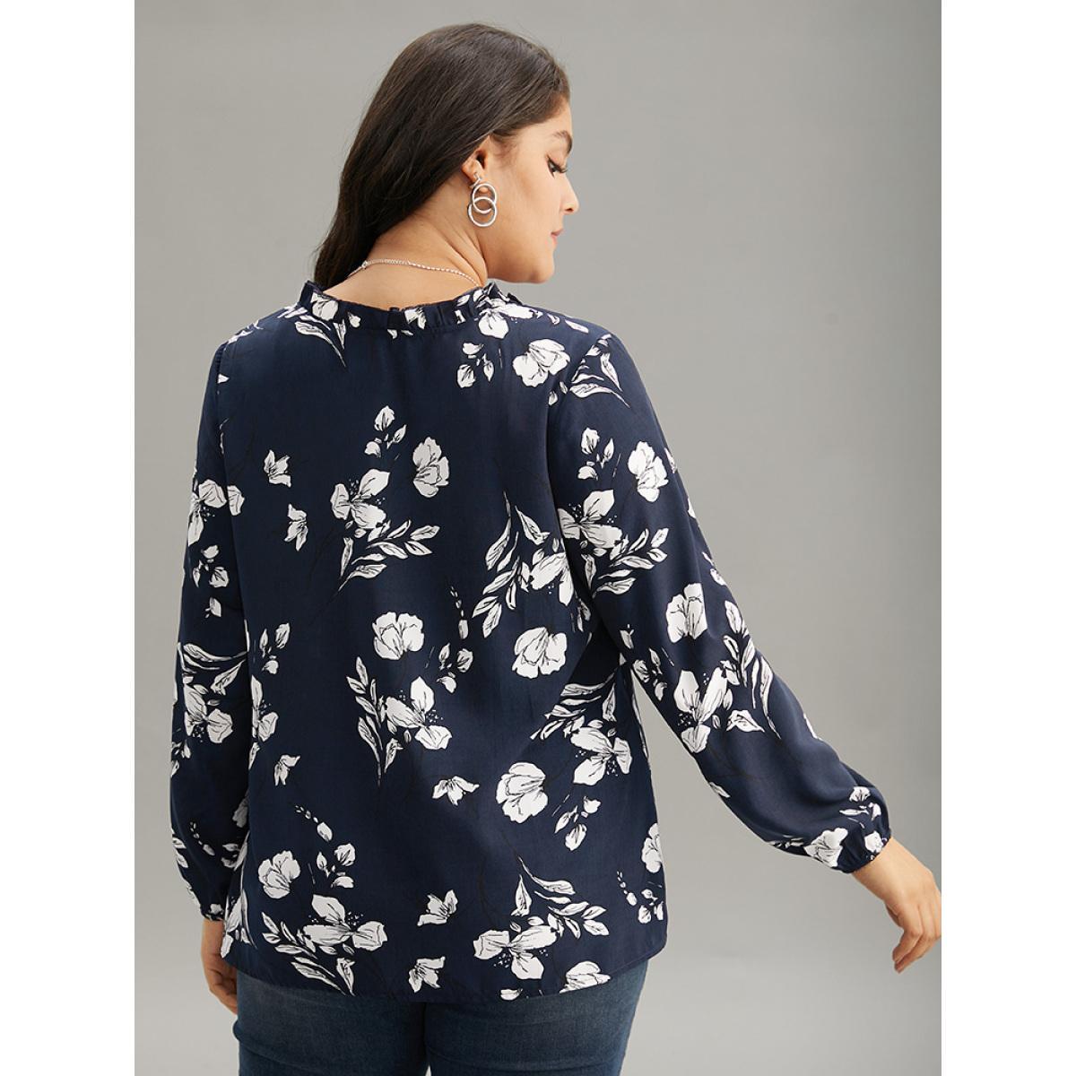 Plus Size Indigo Silhouette Floral Print Ruffles Lantern Sleeve Blouse Women Elegant Long Sleeve V-neck Vacation Blouses BloomChic 12/L Product Image