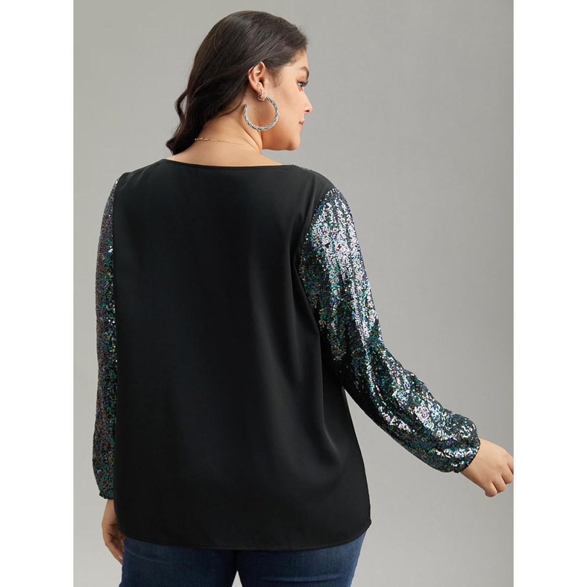 Plus Size Black Sequin Patchwork V Neck Blouse Women Glamour Long Sleeve V-neck Going out Blouses BloomChic 28/5X Product Image