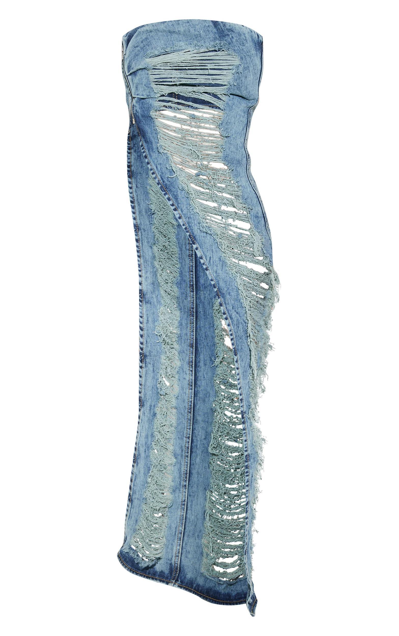 Shape Light Blue Wash Denim Bandeau Distressed Asymmetric Top Product Image