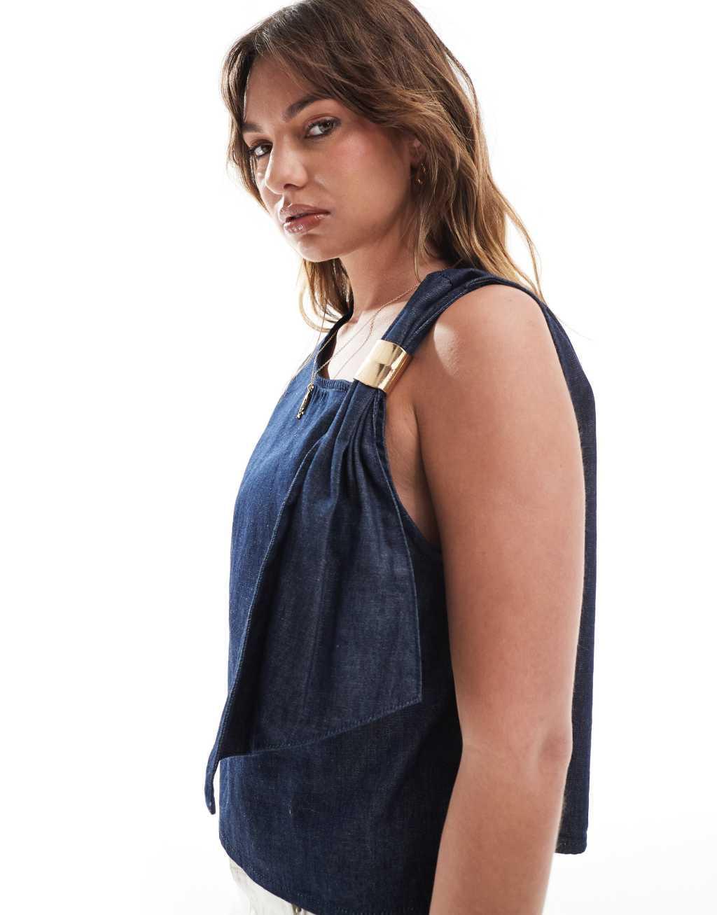 ASOS DESIGN denim top with asymmetric neck and gold hardware Product Image
