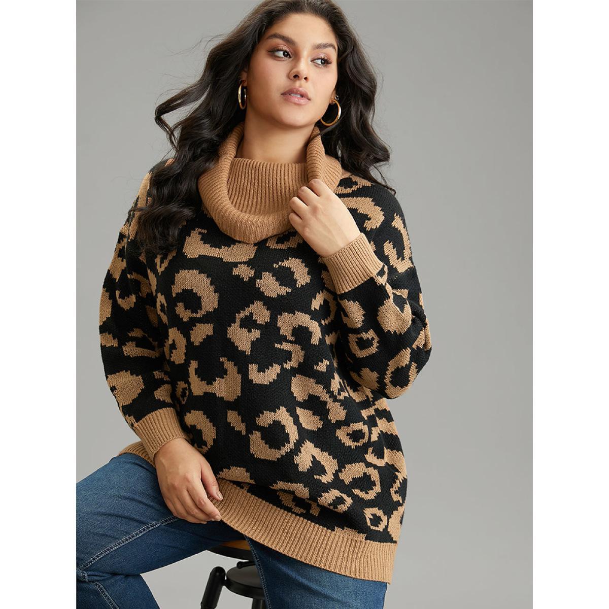 Plus Size Leopard Contrast Jacquard Turtleneck Pullover Bronze Women Casual Loose Long Sleeve Turtleneck Dailywear Pullovers BloomChic 18-20/2X Product Image