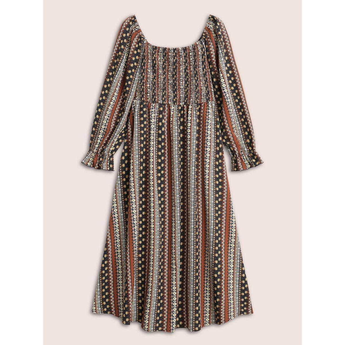 Plus Size Bandana Print Square Neck Shirred Gathered Dress Multicolor Women Vacation Gathered Square Neck Long Sleeve Curvy Midi Dress BloomChic 14-16/1X Product Image