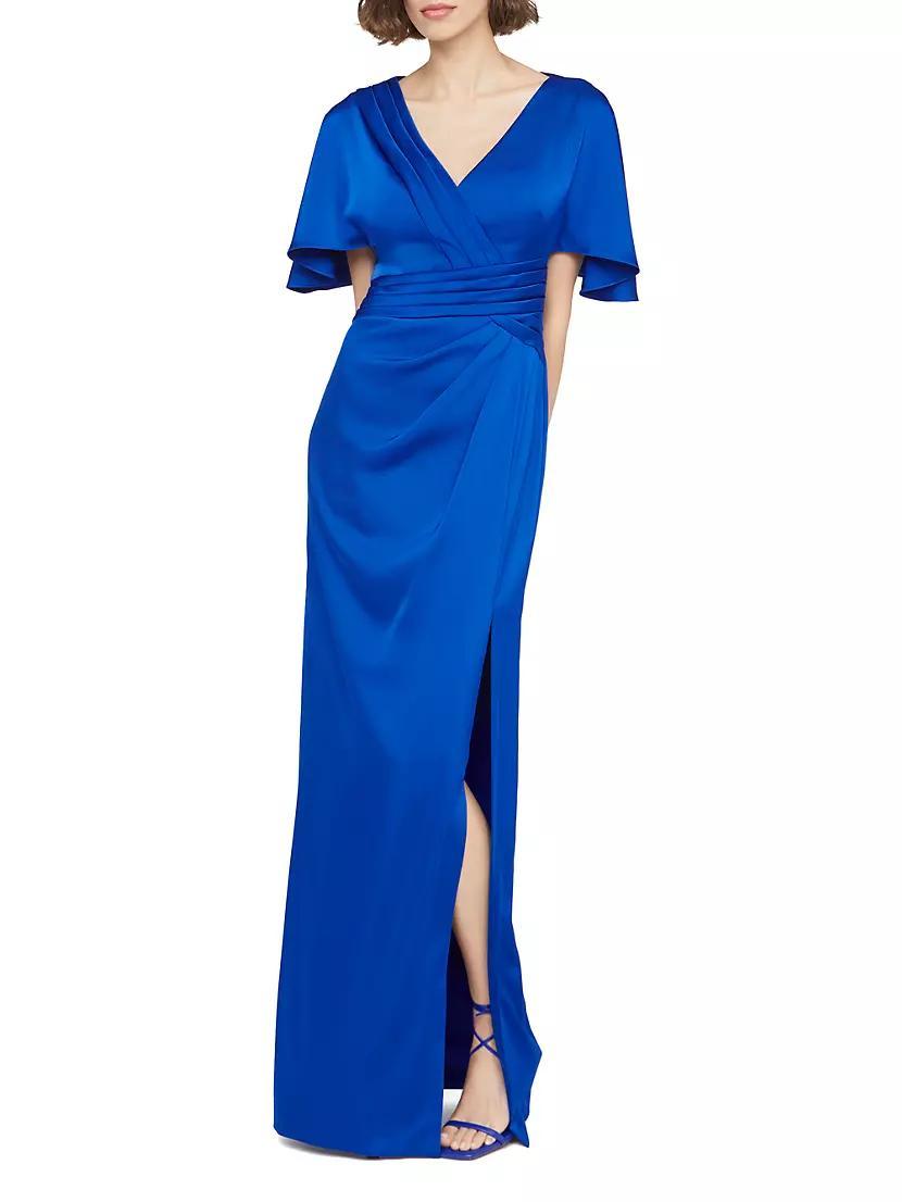 Shea Satin Pleated Flutter-Sleeve Gown Product Image