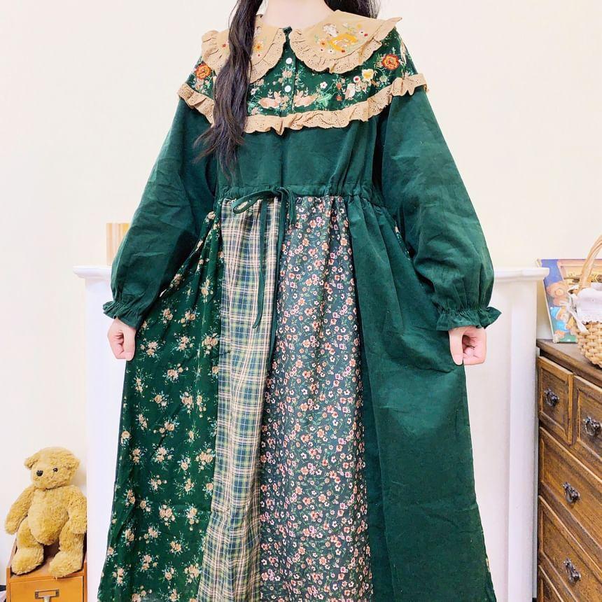 Long-Sleeve Collar Floral Patchwork Embroidered Corduroy Midi A-Line Dress Product Image