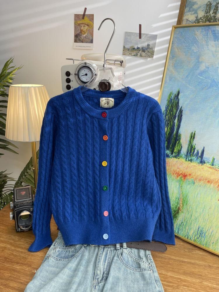 Crew Neck Plain Cable Knit Button-Up Cardigan Product Image