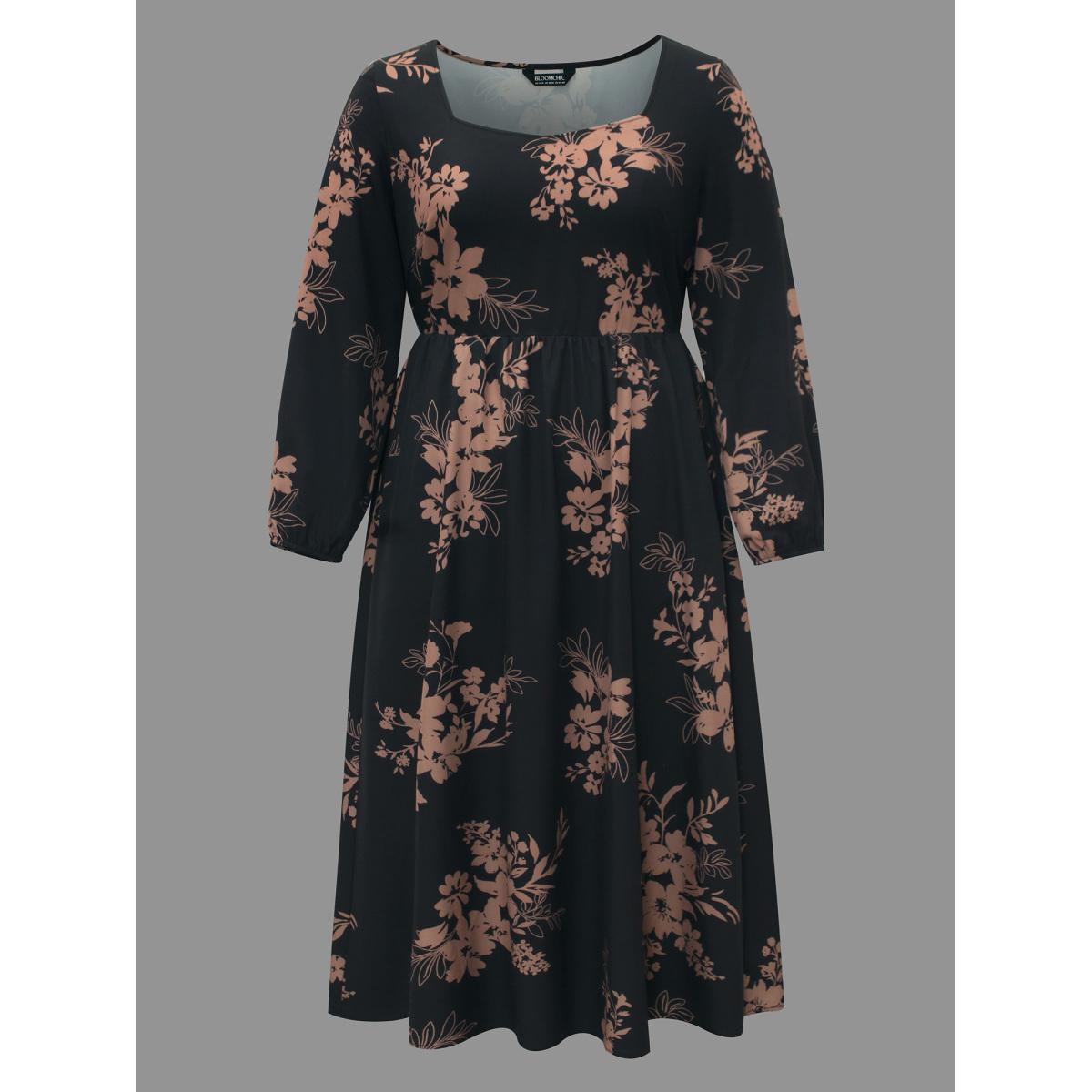 Plus Size Floral Square Neck Pocket Midi Dress Black Women Elegant Non Square Neck Long Sleeve Curvy BloomChic 28/5X Product Image