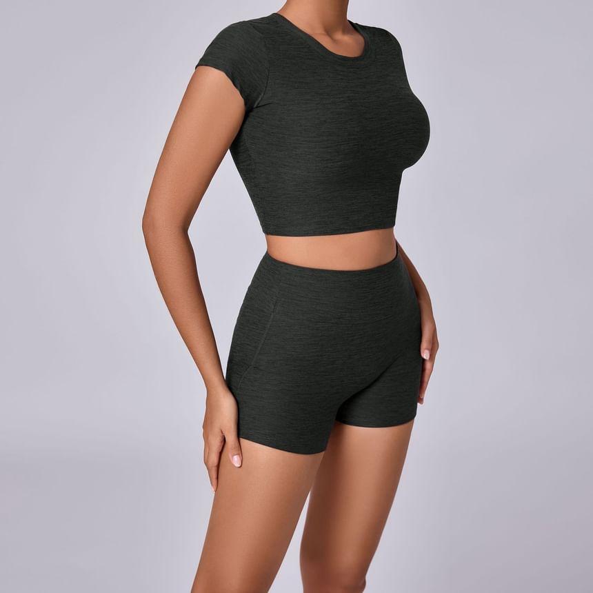 Set: Long-Sleeve Crew Neck Melange Crop Sports Top + High Waist Biker Shorts Product Image