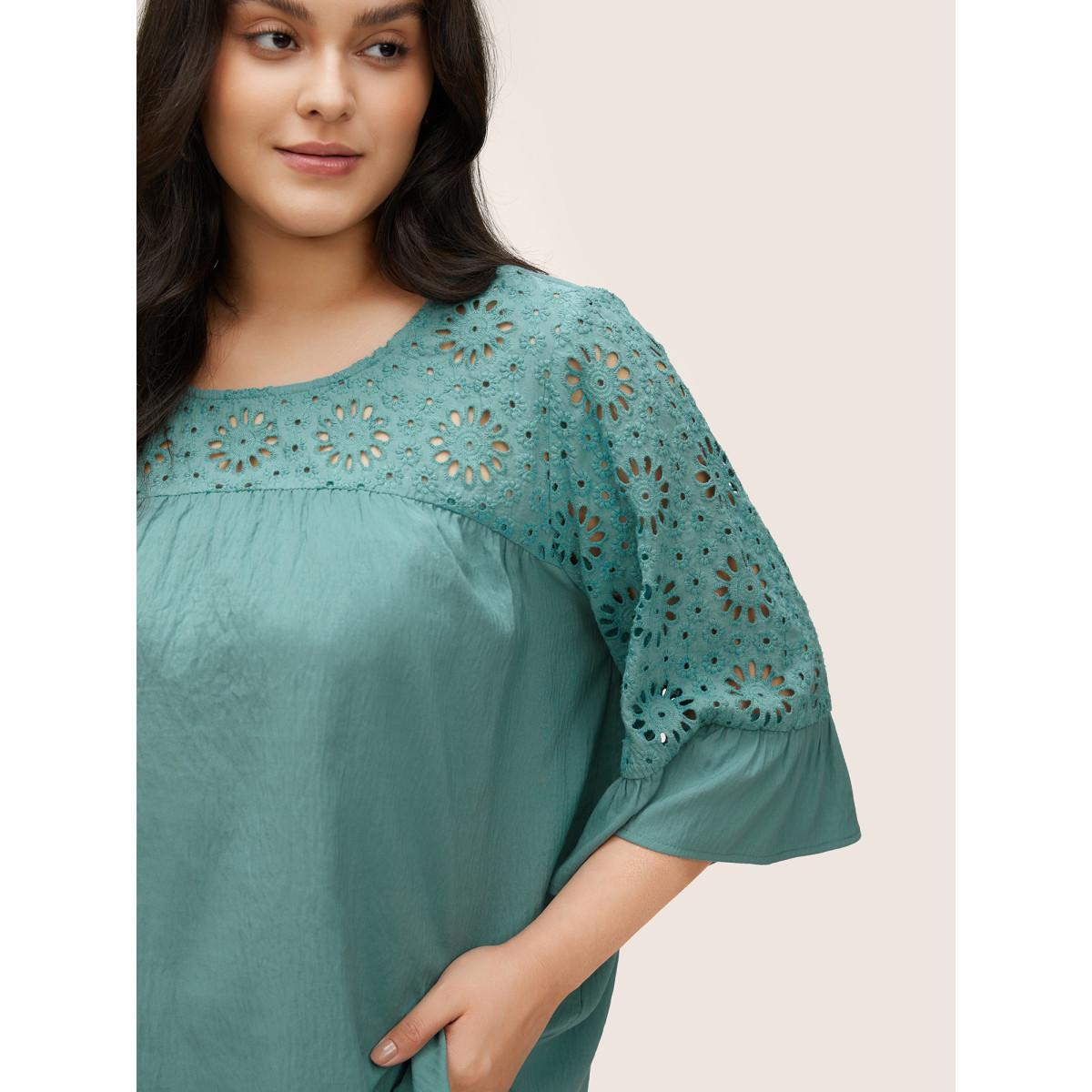 Plus Size Mint Plain Broderie Anglaise Ruffle Sleeve Blouse Women Casual Elbow-length sleeve Round Neck Everyday Blouses BloomChic 28/5X Product Image