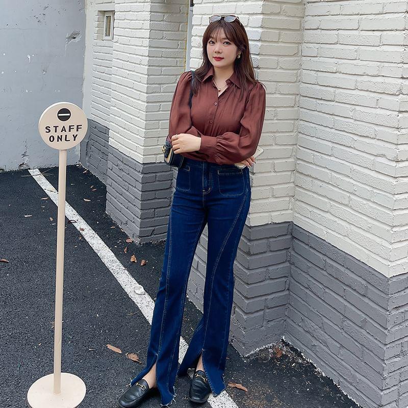 Plus Size High Waist Frayed Front-Slit Flared Jeans Product Image