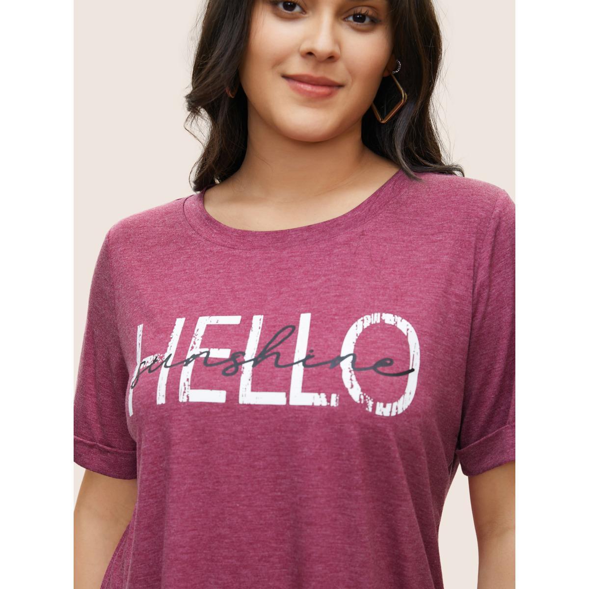 Plus Size Letter Print Round Neck Roll Sleeve T-shirt Burgundy Women Casual Non Positive slogan Everyday T-shirts BloomChic 18-20/2X Product Image