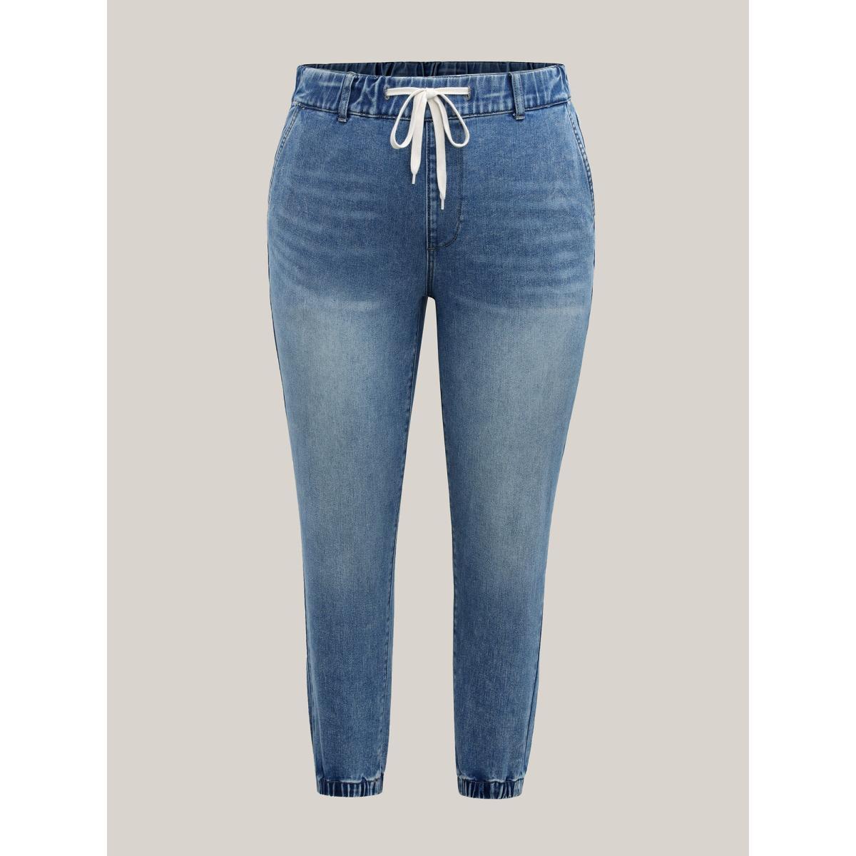 Plus Size Drawstring Waist Jogger Boyfriend Jeans Women Midblue Medium stretch Slanted pocket Jeans BloomChic 24/3X Product Image