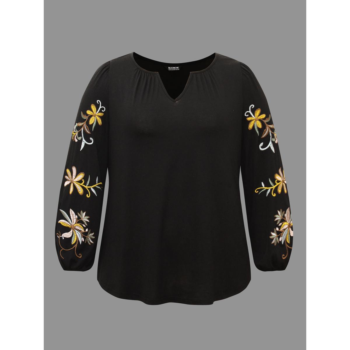 Plus Size Floral Embroidered Sleeve Notched Neckline T-shirt Black Women Elegant Gathered Natural Flowers Notched collar Everyday T-shirts BloomChic 10/M Product Image